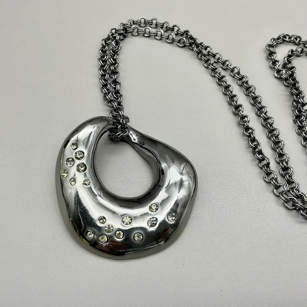 Chicos‎ Necklace Statement Silver Tone Asymmetrical Crystal Pendant Jewelry 28